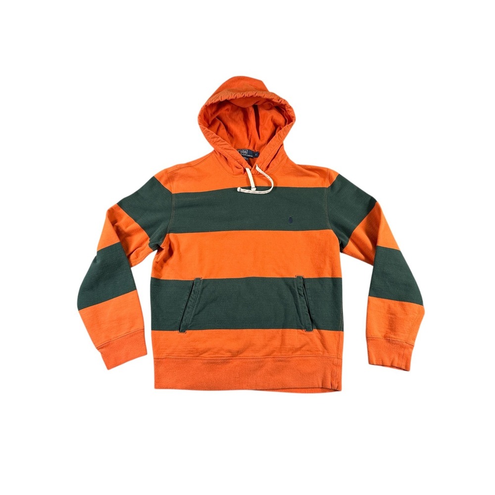 Vintage Polo Ralph Lauren Hoodie Mens Small Orange Green Striped 90s Sweatshirt‎